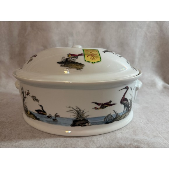 Louis Lourioux Le Faune France Porcelain Birds Oval Casserole Dish w Lid Birds